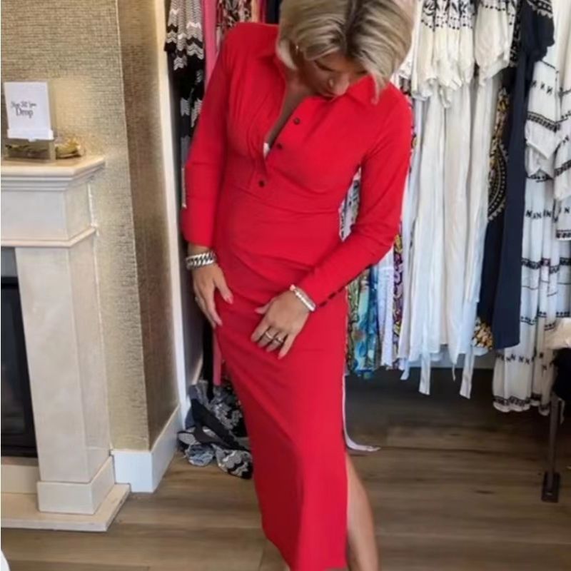 ✨New Arrival✨Women's Sexy Red Long Sleeve Lapel Dress-3