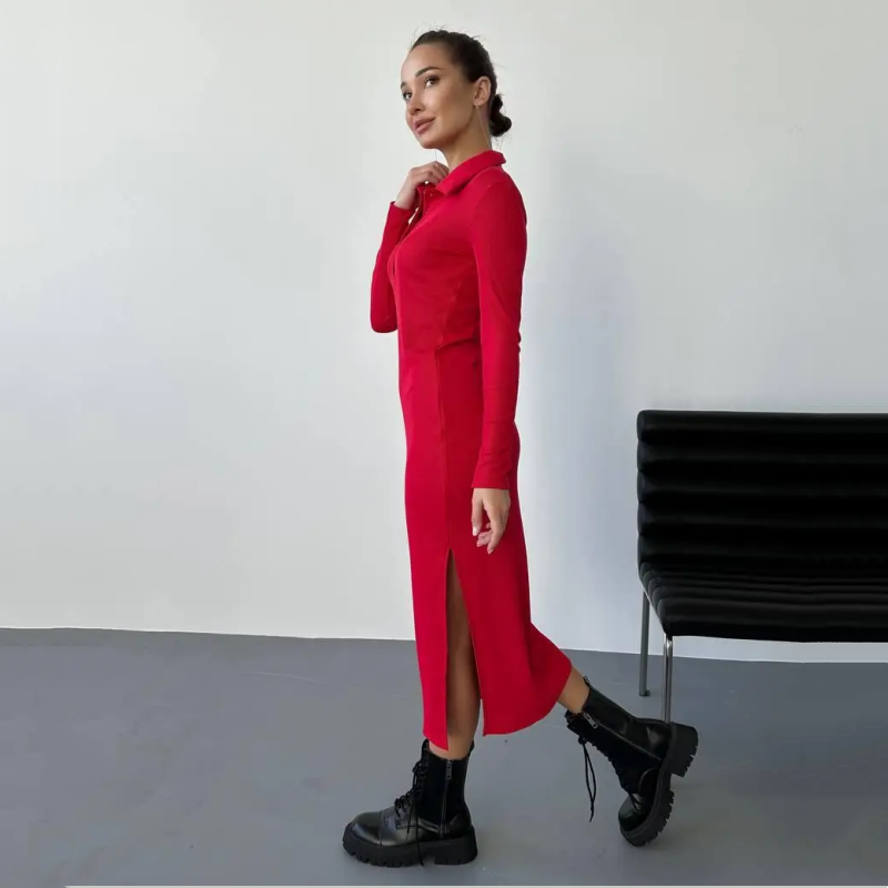 ✨New Arrival✨Women's Sexy Red Long Sleeve Lapel Dress-7