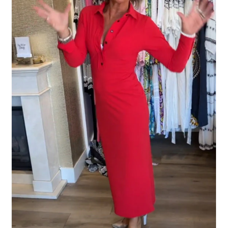 ✨New Arrival✨Women's Sexy Red Long Sleeve Lapel Dress-6