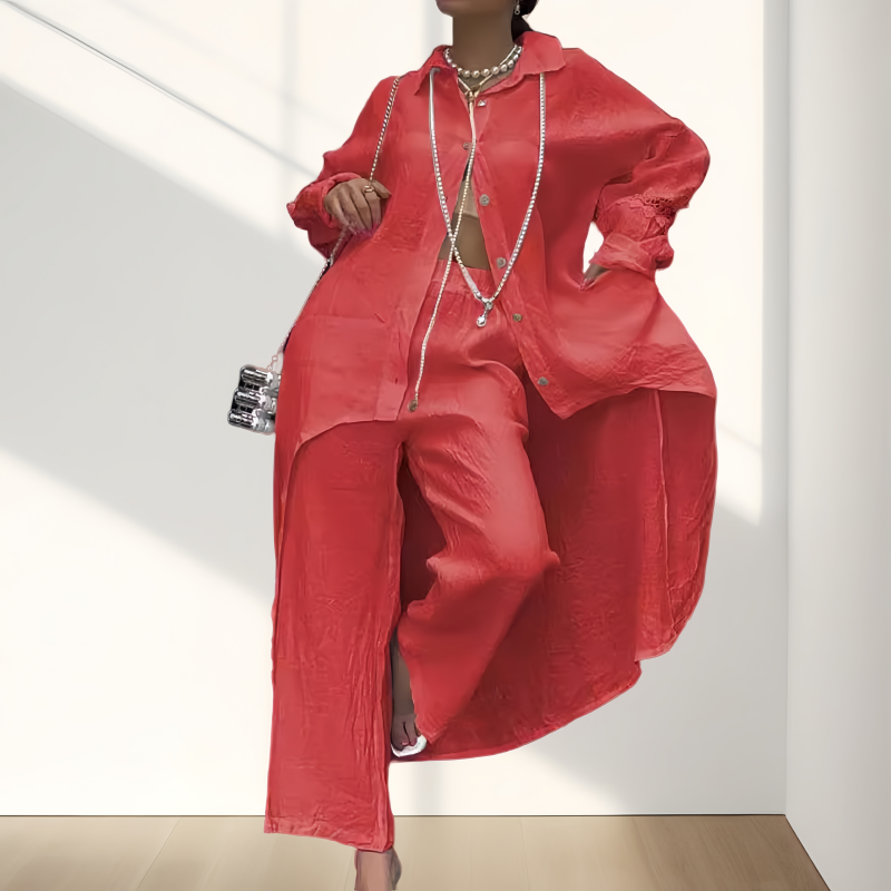 Women’s Trendy Solid Color Two-Piece Outfit Long Sleeve Shirt & Pants-2
