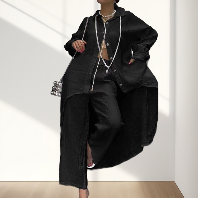 Women’s Trendy Solid Color Two-Piece Outfit Long Sleeve Shirt & Pants-1