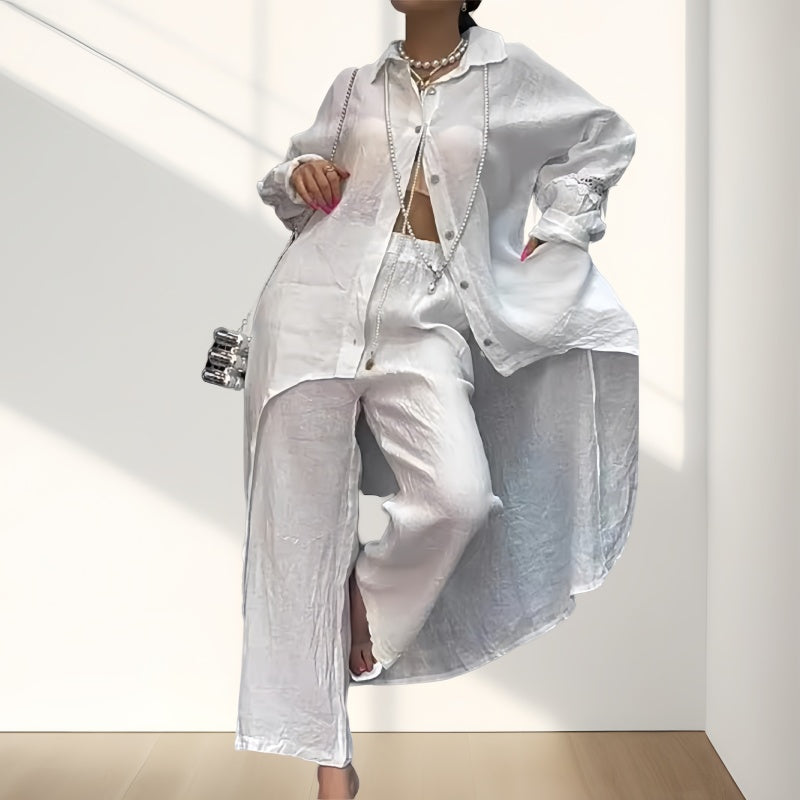 Women’s Trendy Solid Color Two-Piece Outfit Long Sleeve Shirt & Pants-6