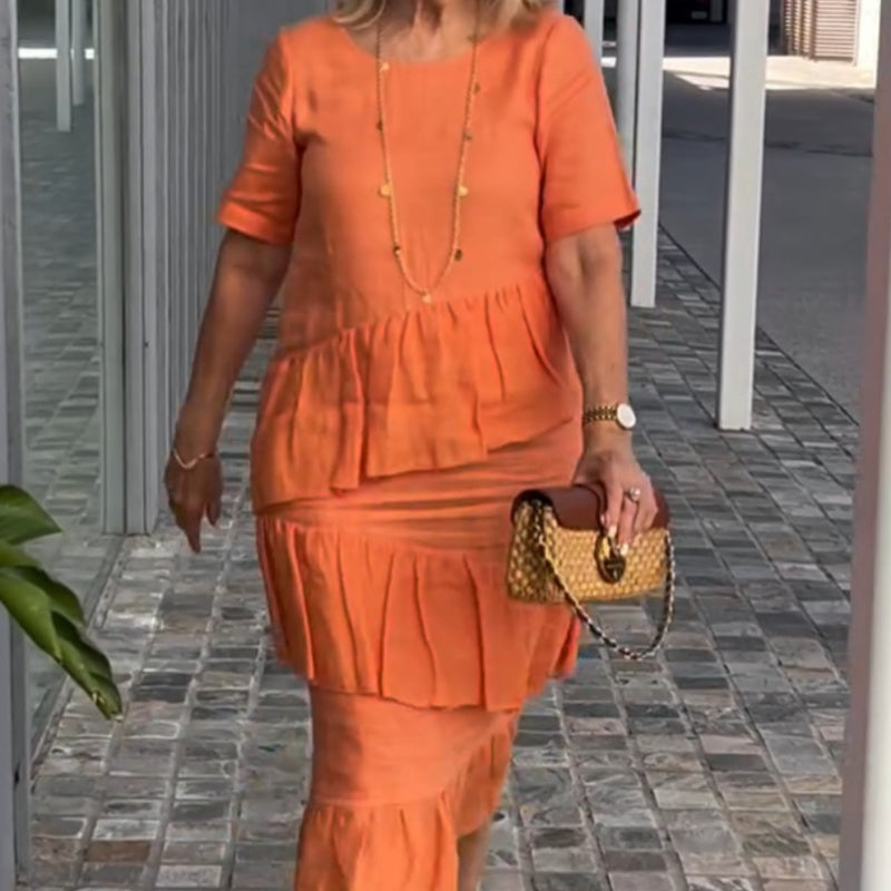 🔥HOT Sale🔥Women's Pleated Tiered Round Neck Solid Dress-2