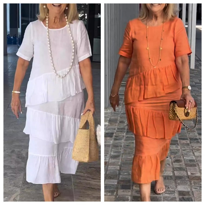 🔥HOT Sale🔥Women's Pleated Tiered Round Neck Solid Dress-6
