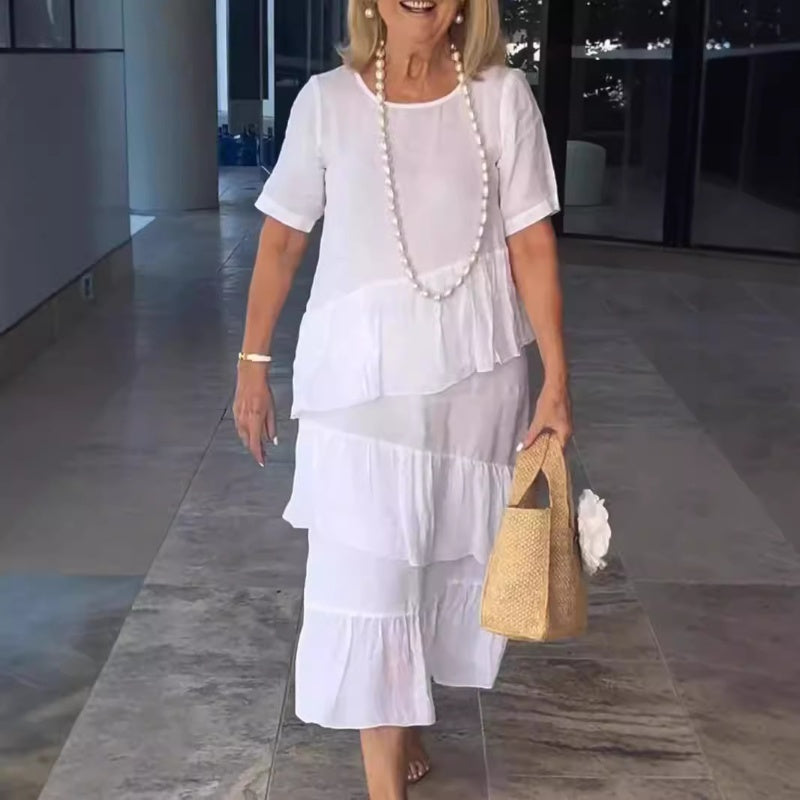 🔥HOT Sale🔥Women's Pleated Tiered Round Neck Solid Dress-10