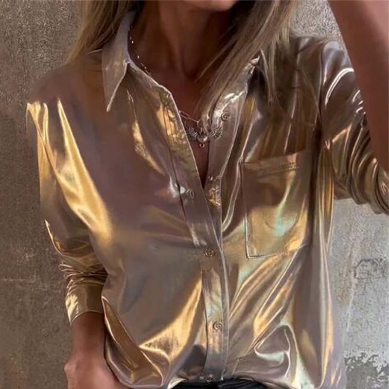 🍂Fall Specials 49% OFF🍂Women's Shimmer Metallic Leather Button-Up Shirt-1