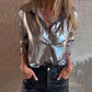 🍂Fall Specials 49% OFF🍂Women's Shimmer Metallic Leather Button-Up Shirt-4