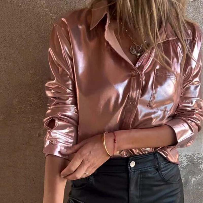 🍂Fall Specials 49% OFF🍂Women's Shimmer Metallic Leather Button-Up Shirt-5