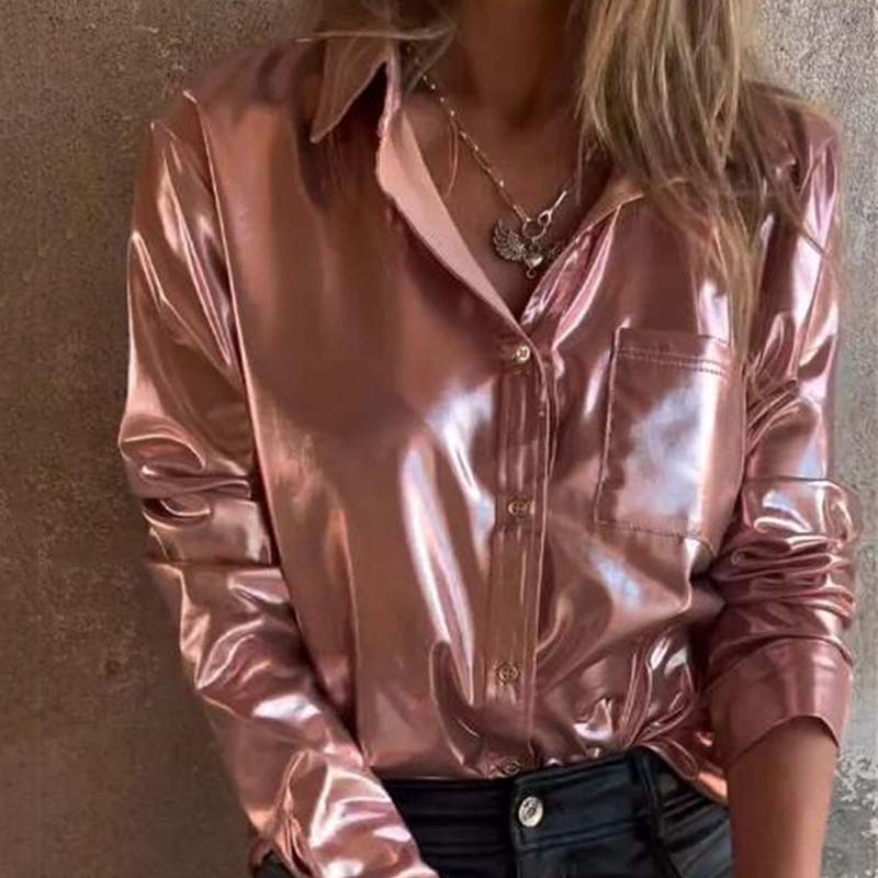 🍂Fall Specials 49% OFF🍂Women's Shimmer Metallic Leather Button-Up Shirt-6