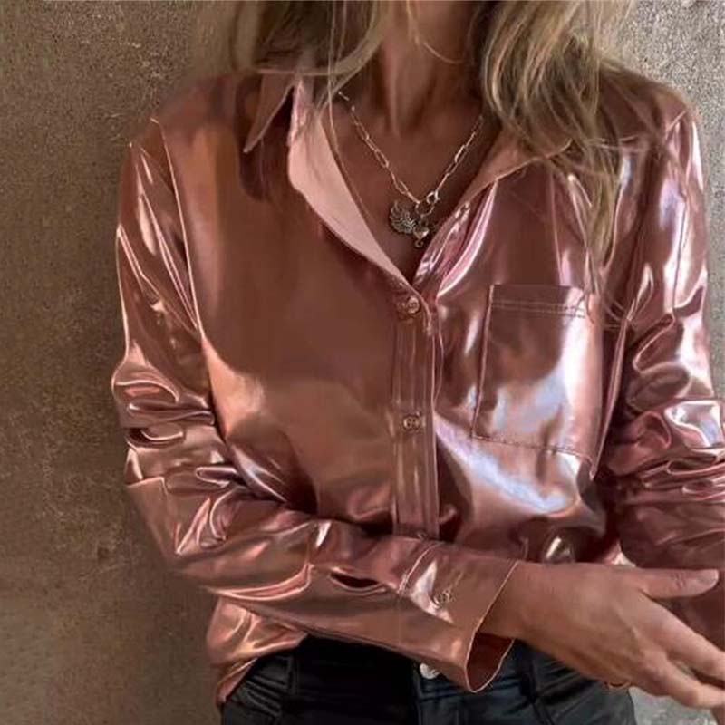 🍂Fall Specials 49% OFF🍂Women's Shimmer Metallic Leather Button-Up Shirt-7