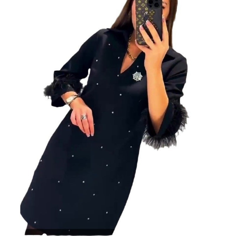 ✨New Arrival✨V-Neck Dress with Rhinestone Faux Feather Decoration-3