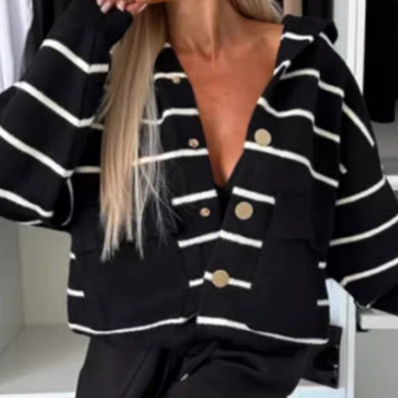 🍂Fall Specials🍂Women's Striped Button Down Hooded Coat-2