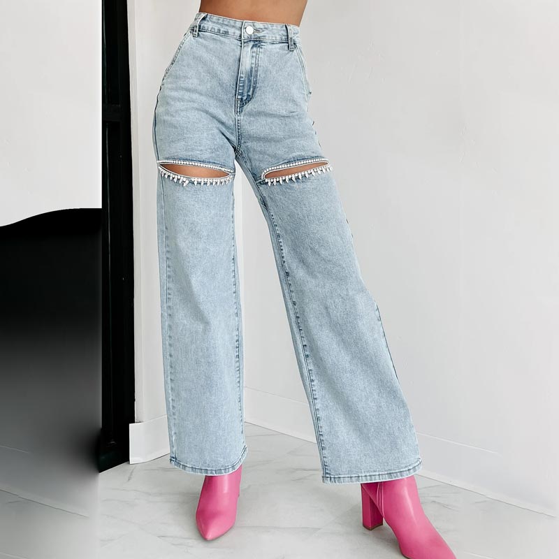 🔥Autumn new style 60% OFF🔥Women’s Rhinestone Ripped Straight-leg Jeans-5