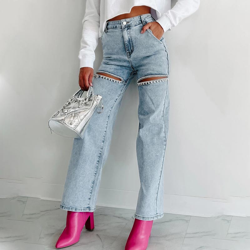 🔥Autumn new style 60% OFF🔥Women’s Rhinestone Ripped Straight-leg Jeans-6