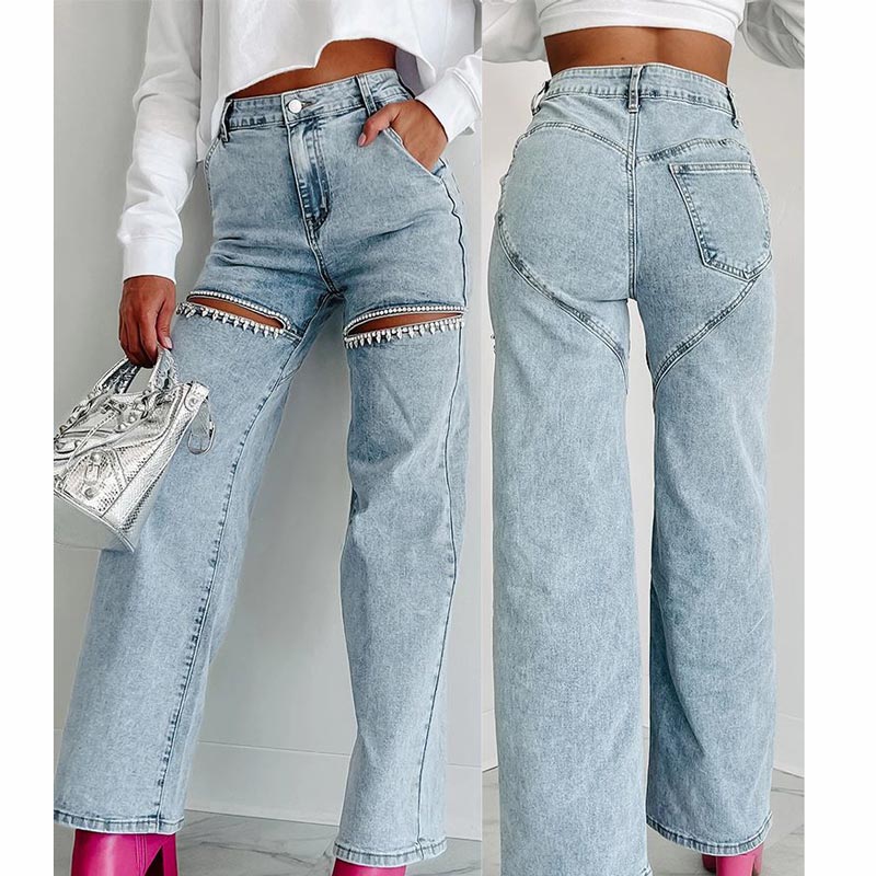 🔥Autumn new style 60% OFF🔥Women’s Rhinestone Ripped Straight-leg Jeans-7
