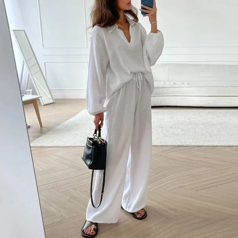 ✨Hot Sale 54% OFF✨Solid Colours 2 Piece Casual Set - V-Neck Top and Wide Leg Trousers-1