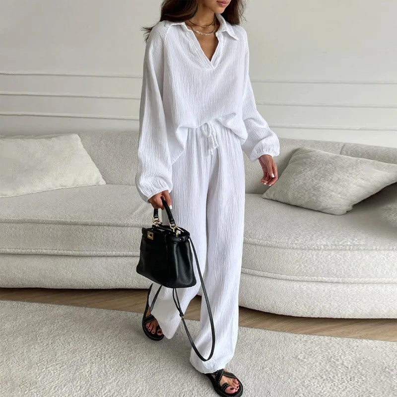 ✨Hot Sale 54% OFF✨Solid Colours 2 Piece Casual Set - V-Neck Top and Wide Leg Trousers-2
