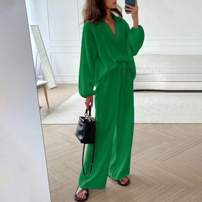 ✨Hot Sale 54% OFF✨Solid Colours 2 Piece Casual Set - V-Neck Top and Wide Leg Trousers-11