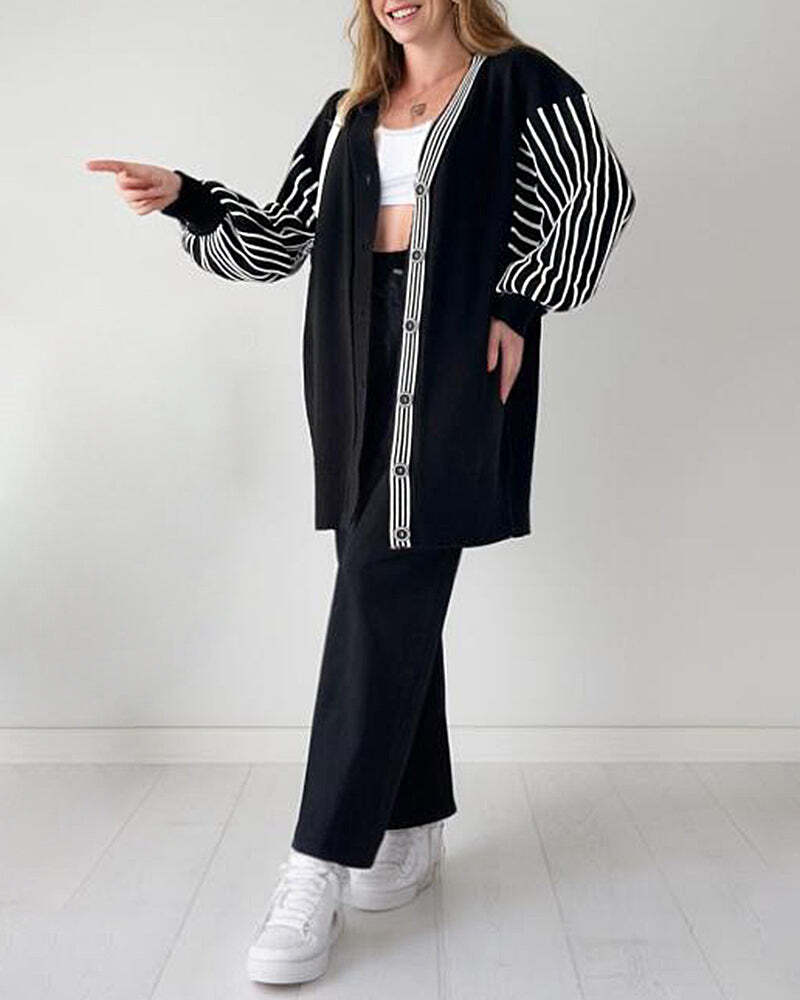 🌷Limited Time 43% OFF💞Balloon Sleeve Striped Knitwear Cardigan & Pants Two-piece Set-1