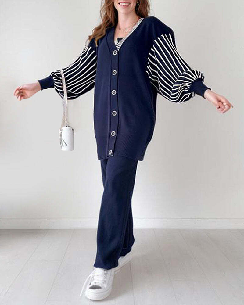 🌷Limited Time 43% OFF💞Balloon Sleeve Striped Knitwear Cardigan & Pants Two-piece Set-2