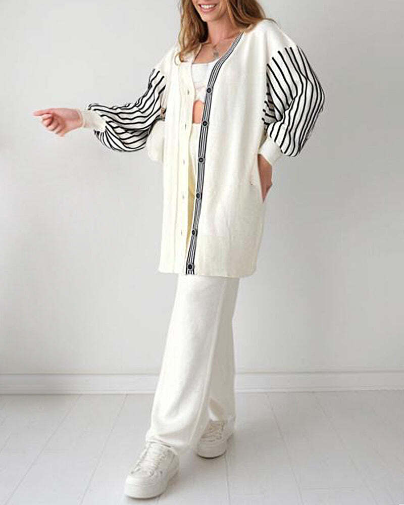 🌷Limited Time 43% OFF💞Balloon Sleeve Striped Knitwear Cardigan & Pants Two-piece Set-6