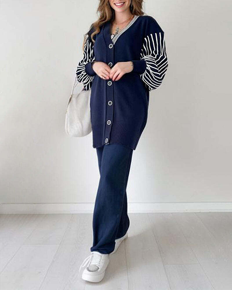🌷Limited Time 43% OFF💞Balloon Sleeve Striped Knitwear Cardigan & Pants Two-piece Set-10