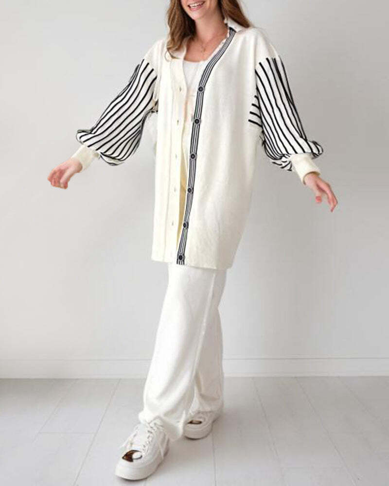 🌷Limited Time 43% OFF💞Balloon Sleeve Striped Knitwear Cardigan & Pants Two-piece Set-9