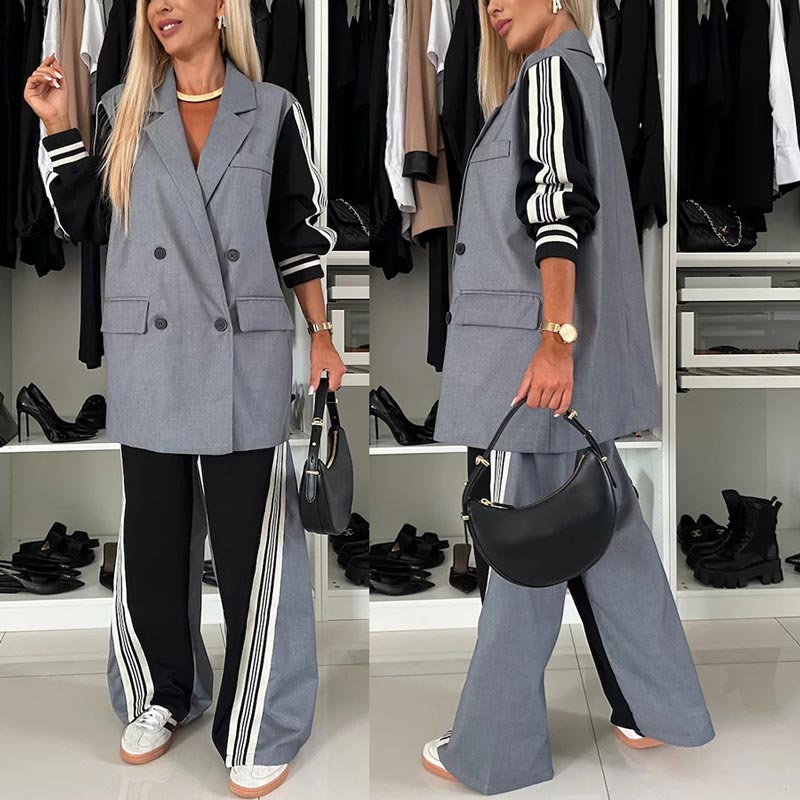 ✨New Arrival✨Women’s Casual Patchwork Double-breasted Notched Lapel Blazer and Wide-leg Pants Set-1