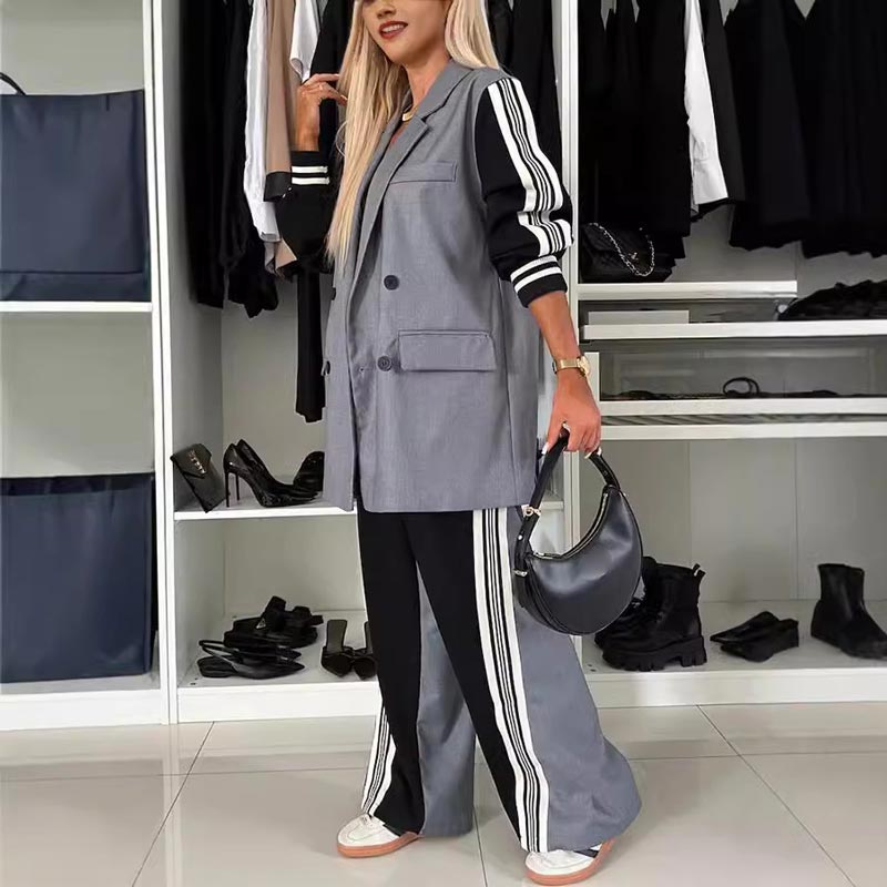 ✨New Arrival✨Women’s Casual Patchwork Double-breasted Notched Lapel Blazer and Wide-leg Pants Set-5