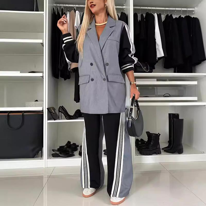 ✨New Arrival✨Women’s Casual Patchwork Double-breasted Notched Lapel Blazer and Wide-leg Pants Set-6