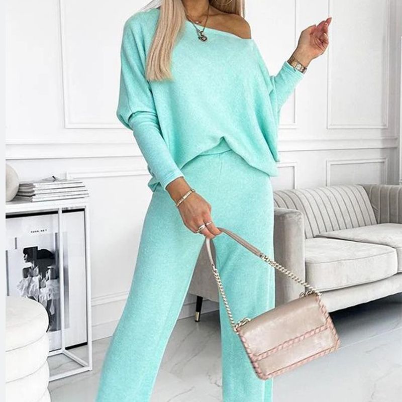 🍁Autumn New Releases🍁Women's Solid Color Drop Shoulder Pullover and Loose Pants Set-1