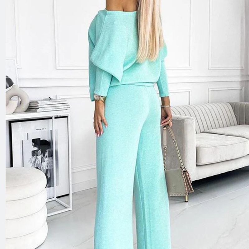 🍁Autumn New Releases🍁Women's Solid Color Drop Shoulder Pullover and Loose Pants Set-2