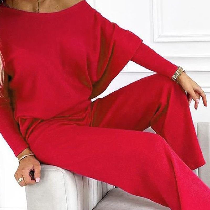 🍁Autumn New Releases🍁Women's Solid Color Drop Shoulder Pullover and Loose Pants Set-3