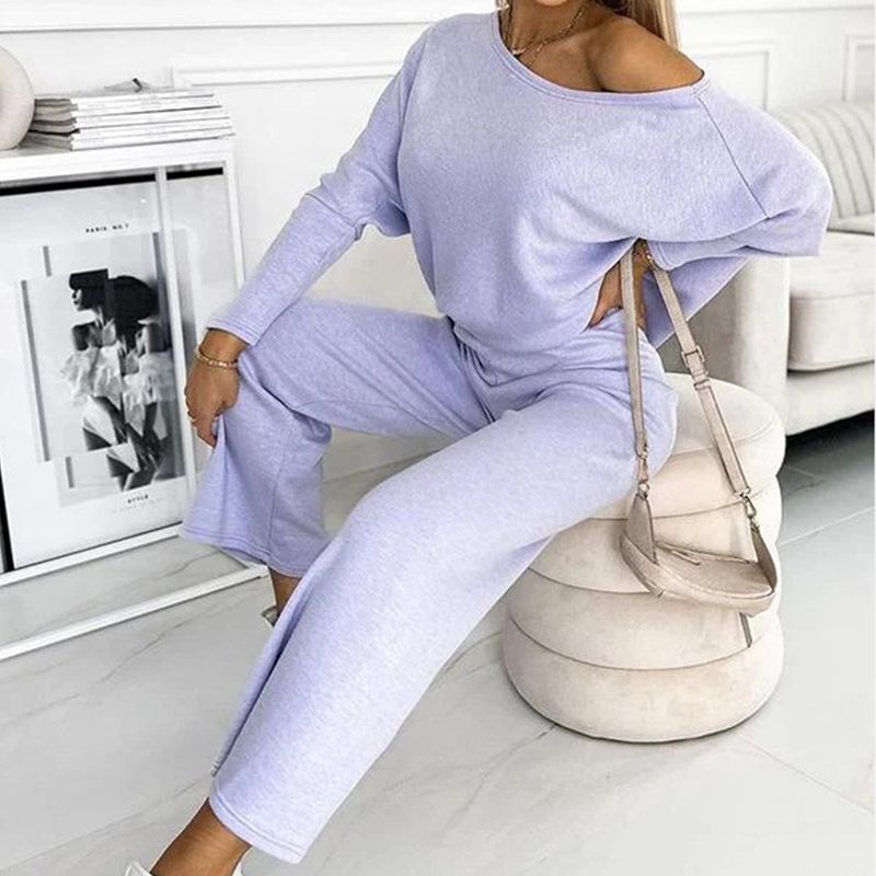 🍁Autumn New Releases🍁Women's Solid Color Drop Shoulder Pullover and Loose Pants Set-4