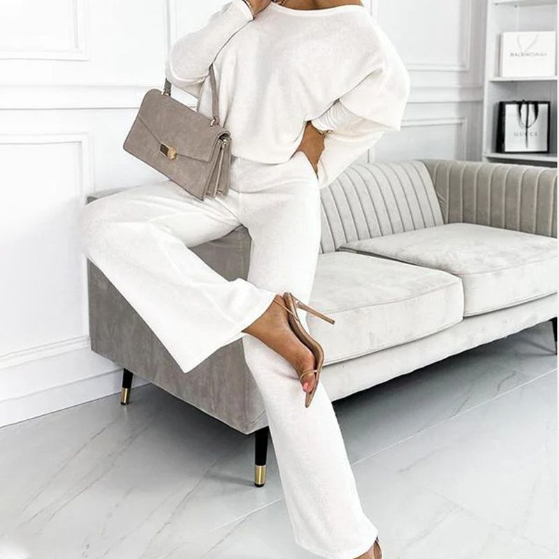 🍁Autumn New Releases🍁Women's Solid Color Drop Shoulder Pullover and Loose Pants Set-6