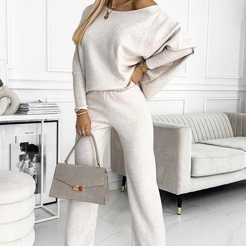 🍁Autumn New Releases🍁Women's Solid Color Drop Shoulder Pullover and Loose Pants Set-5