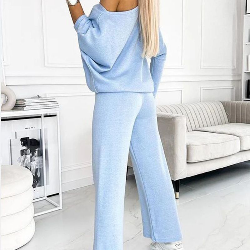 🍁Autumn New Releases🍁Women's Solid Color Drop Shoulder Pullover and Loose Pants Set-10
