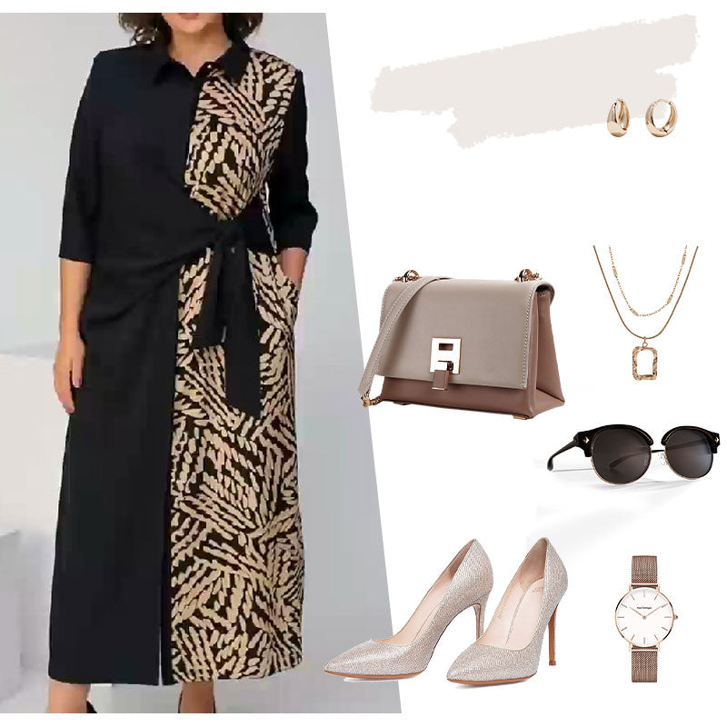 ✨New Arrival✨3/4 Sleeve Color-Block Printed Lapel Slit Dress-2