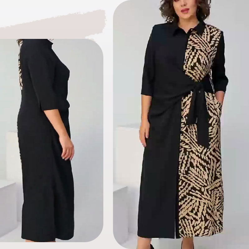 ✨New Arrival✨3/4 Sleeve Color-Block Printed Lapel Slit Dress-6