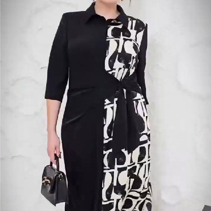 ✨New Arrival✨3/4 Sleeve Color-Block Printed Lapel Slit Dress-5