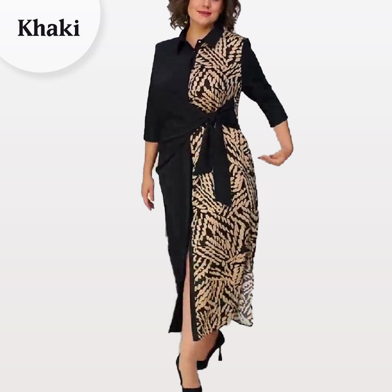 ✨New Arrival✨3/4 Sleeve Color-Block Printed Lapel Slit Dress-10