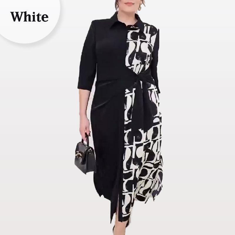 ✨New Arrival✨3/4 Sleeve Color-Block Printed Lapel Slit Dress-9