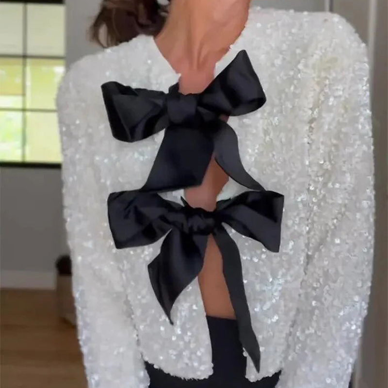 ✨New Arrival✨Gift Choice - Women's Tie Front Long Sleeve Sequin Short Jacket-3
