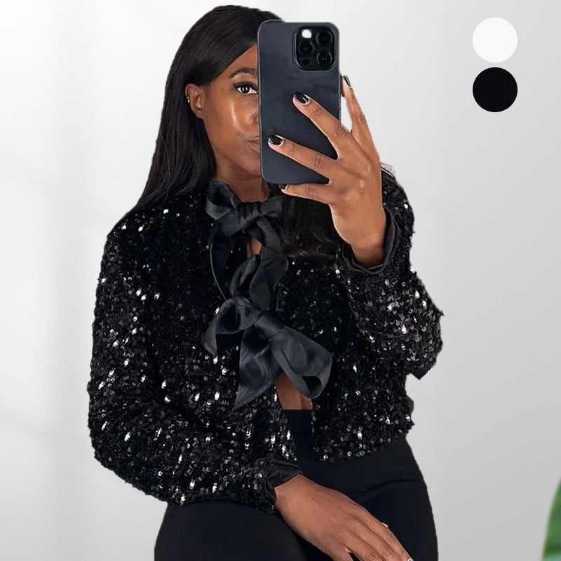 ✨New Arrival✨Gift Choice - Women's Tie Front Long Sleeve Sequin Short Jacket-1