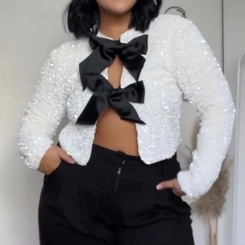 ✨New Arrival✨Gift Choice - Women's Tie Front Long Sleeve Sequin Short Jacket-6
