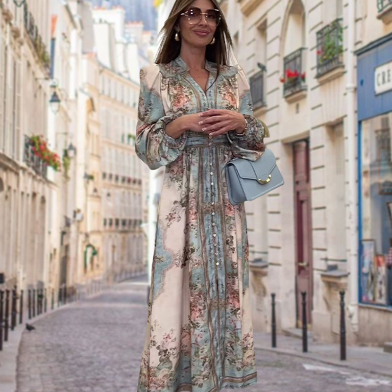 ✨New Arrival✨Elegant V-Neck High Waist Buttoned Floral Dress-5