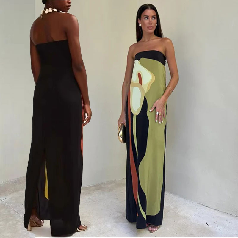 Jaime Abstract Floral Print Elasticated Off Shoulder Vacation Loose Maxi Dress-2