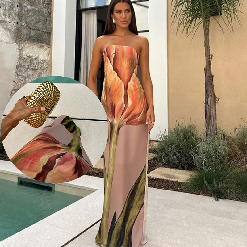 Jaime Abstract Floral Print Elasticated Off Shoulder Vacation Loose Maxi Dress-5