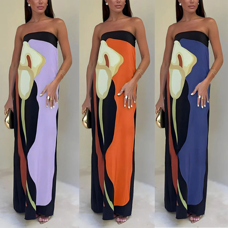 Jaime Abstract Floral Print Elasticated Off Shoulder Vacation Loose Maxi Dress-6