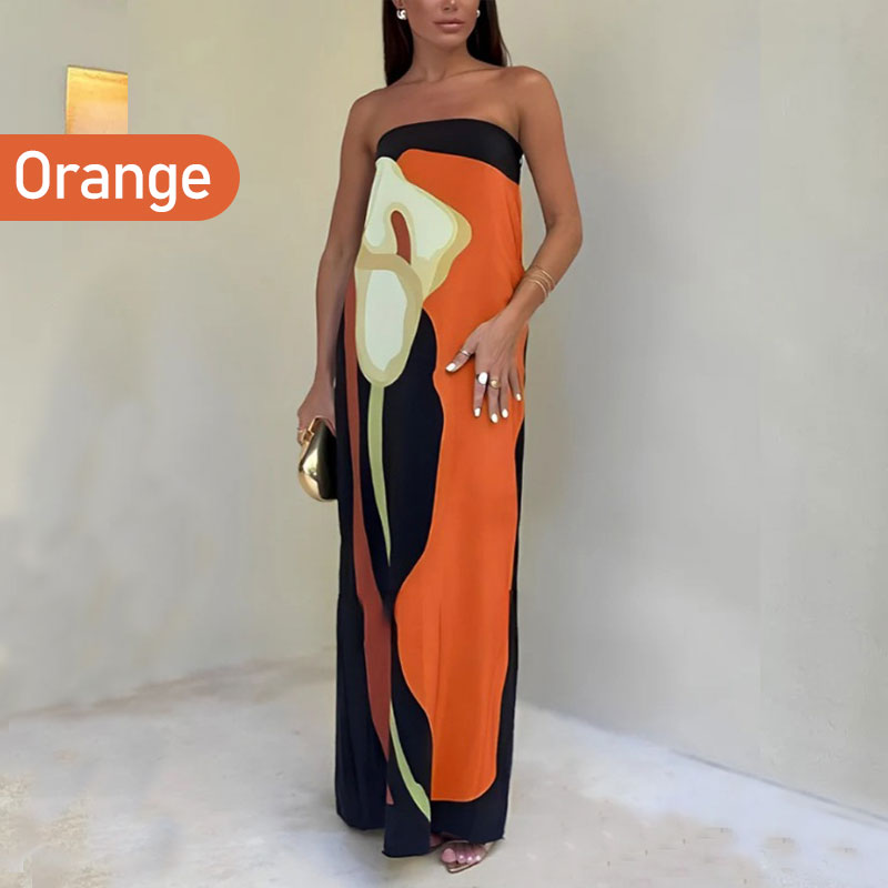 Jaime Abstract Floral Print Elasticated Off Shoulder Vacation Loose Maxi Dress-9